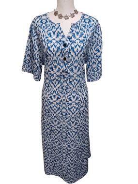 Blue and White Ikat Print Midi Dress